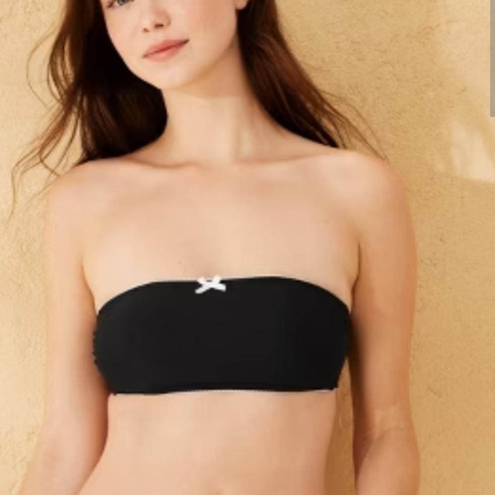 Bikini Set-Black Strapless Bikini Top with White Bow & Side Tie Bikini Bottoms